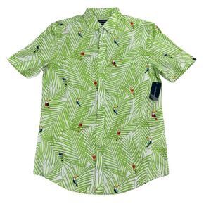 Club Room Mens Bird Palm Classic Fit Tropical Poplin Button Down Shirt Green S